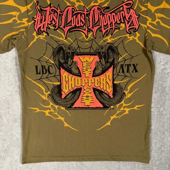West Coast Choppers Mens Large Olive Green Graphic T-Shirt Cobra Iron Cross Y2K - Picture 5 of 9